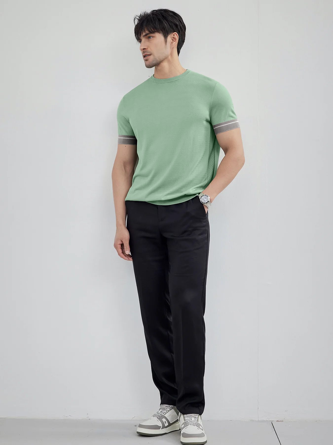 CoolKnit Color Blocked Cuffs Short Sleeve Knitted T-Shirt